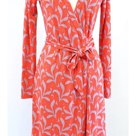 Ann Taylor Fern Always on Wrap Floral Wrap Tie Dress Long Sleeve Sz 6 Orange Red - Picture 4 of 7